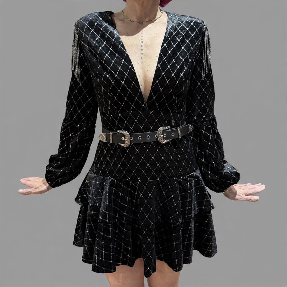 Black Velvet Plunging V-Neck Mini Dress with Chain Shoulder Detail